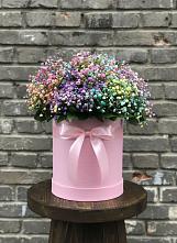 Цветочная композиция из Гипсофила и Розы в шляпной коробке в Киселевске