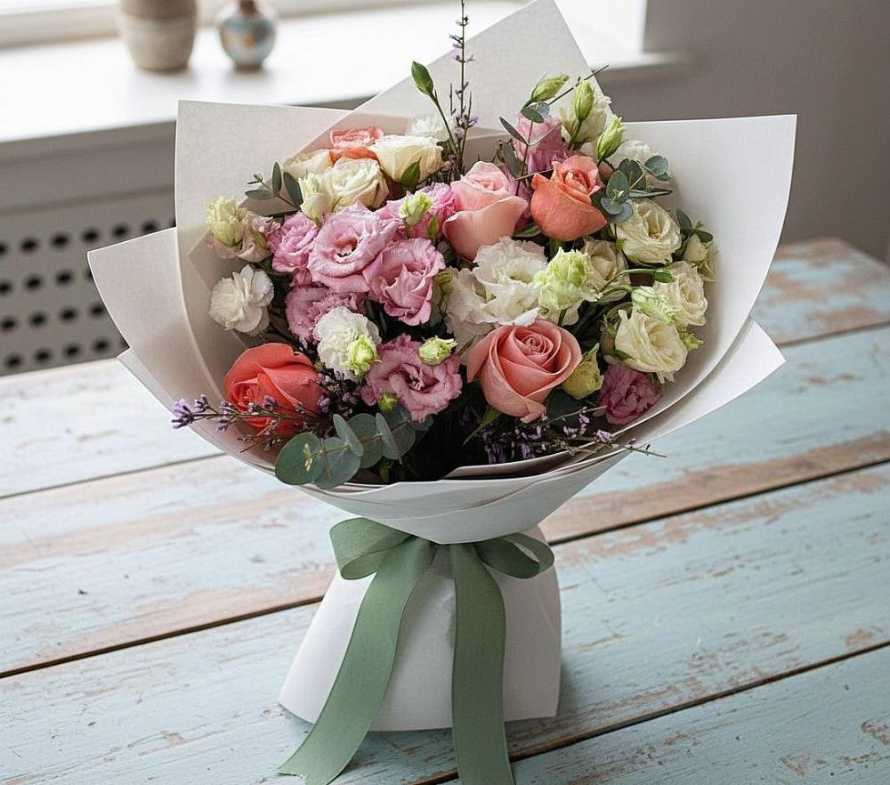 Букет цветов из: Розы, Лизиантусы и Гвоздики в Киселевске