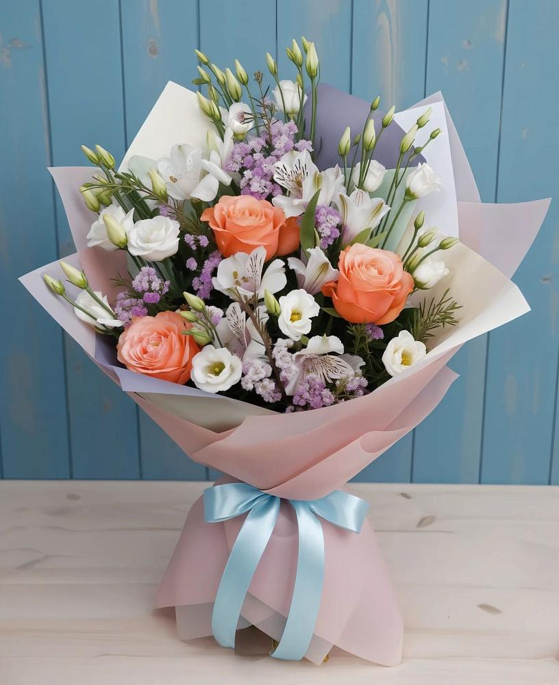 Букет цветов из: Лизиантусы, Розы, Альстромерии и Гипсофила в Киселевске