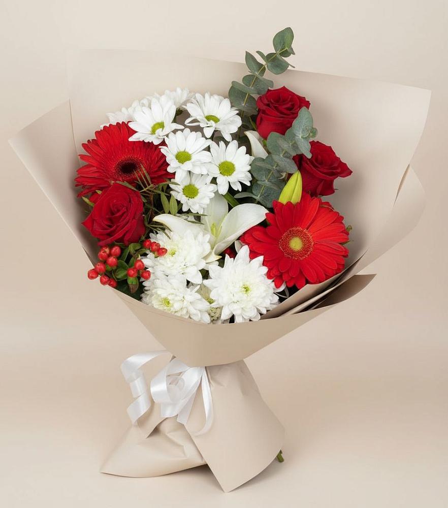 Букет цветов из: Розы, Хризантемы, Герберы и Лилии в Киселевске