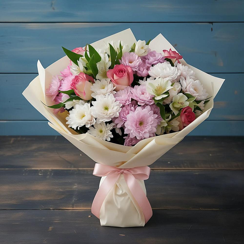 Букет цветов из: Хризантемы, Альстромерии и Розы в Киселевске